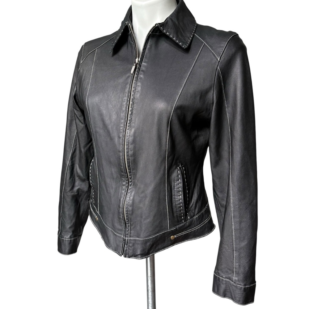 CABI Black Leather Jacket With Contrast Top Stitching (runs very small) - Picture 6 of 15